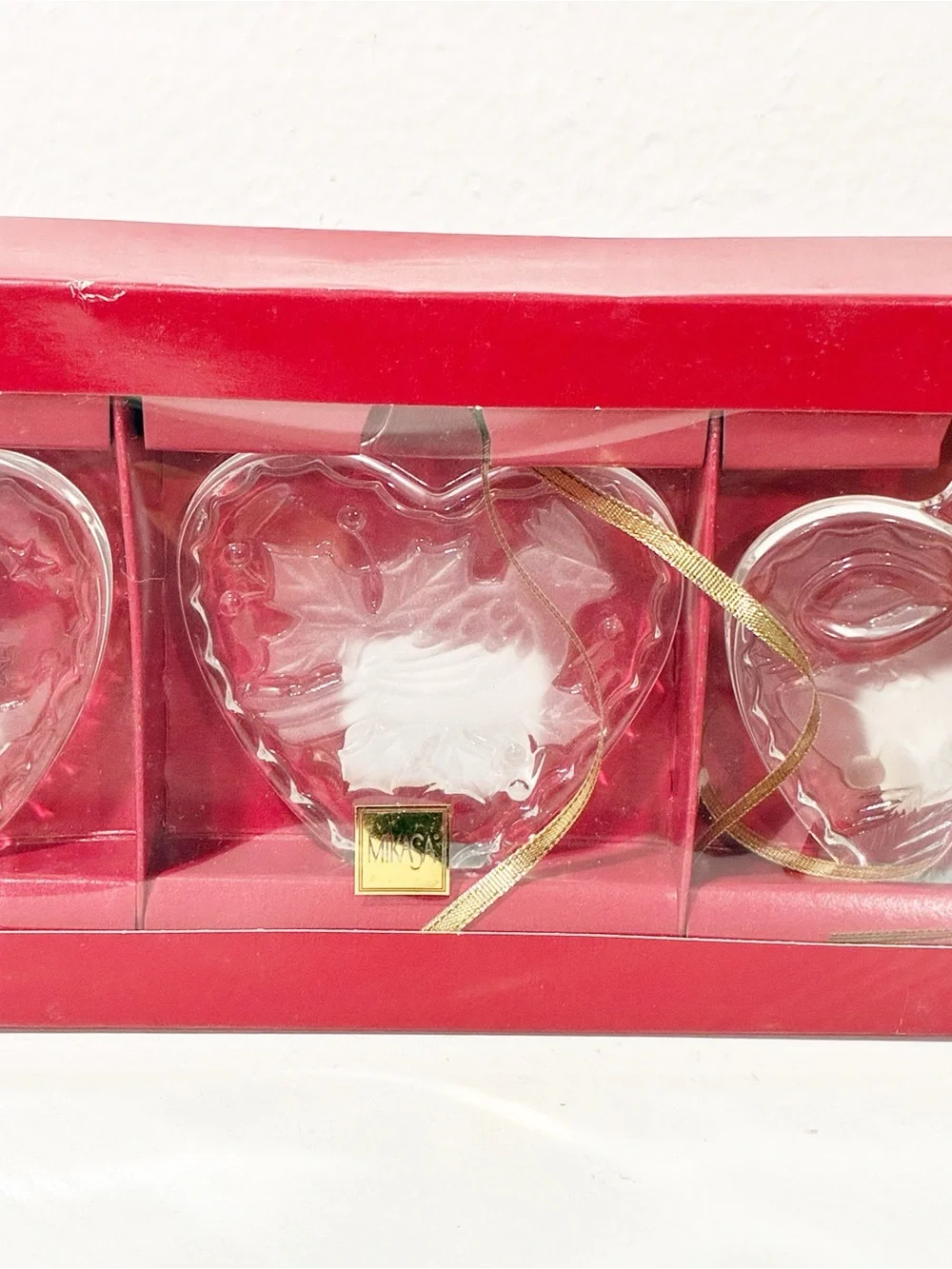 Mikasa Boxed Set of 3 Glass Heart Christmas Ornaments Cardinal Angel Bell NEW